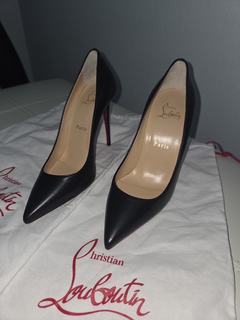 Christian Louboutin Black Leather Pointed Toe Pumps with Red Sole 36